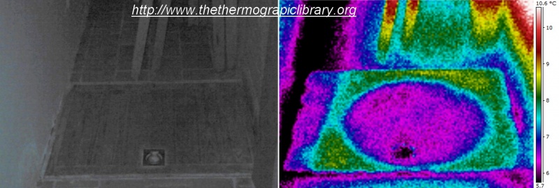 Thermographie infrarouge de la rémanence thermique d'un pied de portemanteau sur une trappe