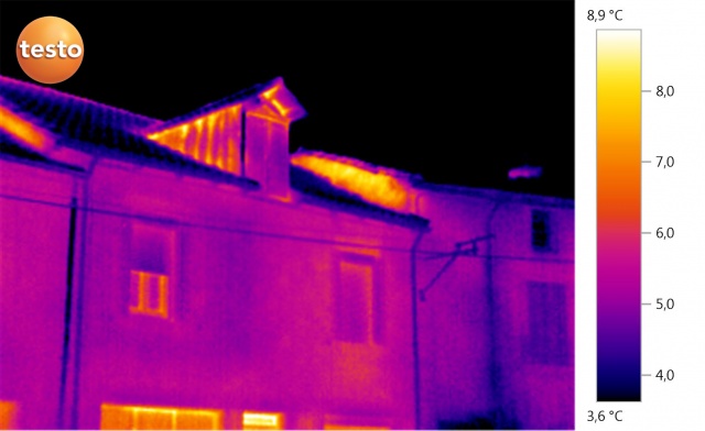Thermography of a dormer in a roof by a TESTO 890 thermacam