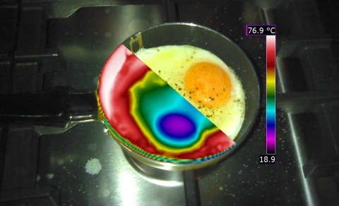 Infrared thermal and digital view of eggs in a frying pan