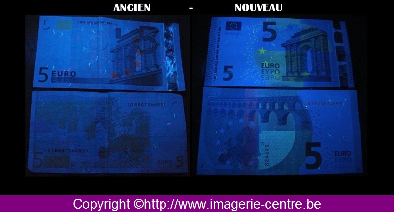 Vue en ultraviolet de l'ancien billet de banque de 5 euros et sa version 2013