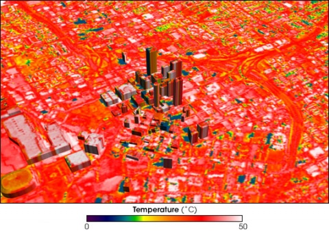 Thermographie infrarouge d'un îlot de chaleur urbain à Atlanta, USA, source: NASA