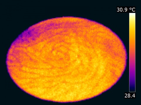 Cellules de refroidissement d'une pellicule d'eau vue en image thermographique infrarouge