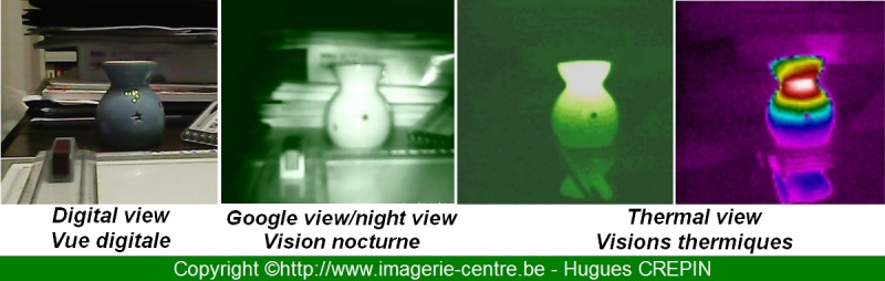 Comparaison vision nocturne et vue thermique d'une scène